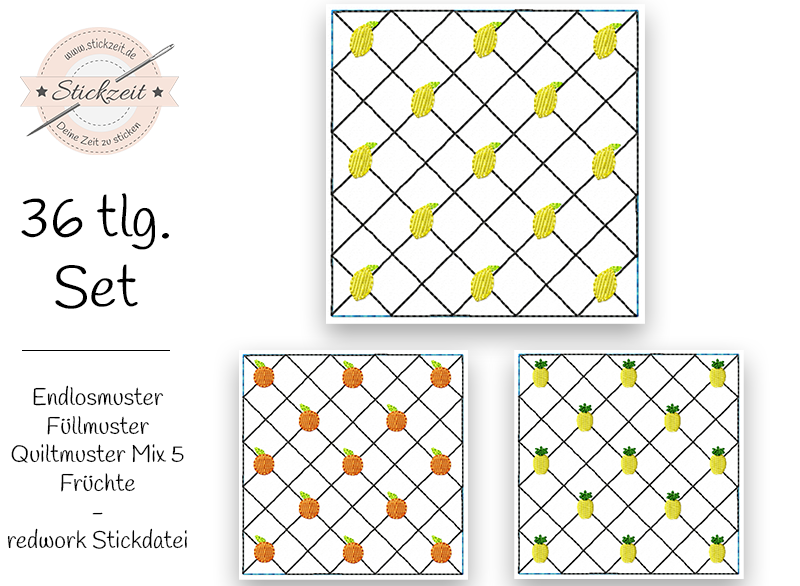 Endlosmuster Füllmuster Quiltmuster Mix 5 Früchte - redwork Stickdatei